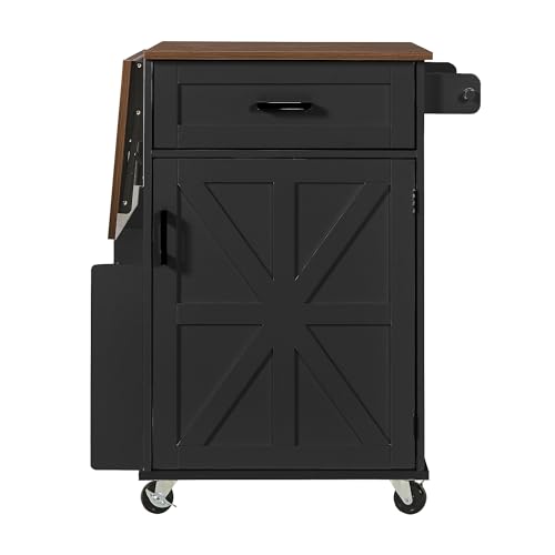 Seeheool K&K 39.3" Farmhouse Kitchen Island with Drop Leaf, Kitchen Storage Island with Open Side Rack, One Drawer, Towel Rack, Rolling Kitchen Cart with Lockable Wheels for Lawn Garden, Black