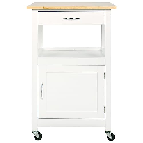 eHemco Kitchen Island Cart on Wheels with Drawer, Storage Cabinet, Shelf and Natural Solid Hardwood Top, White Base