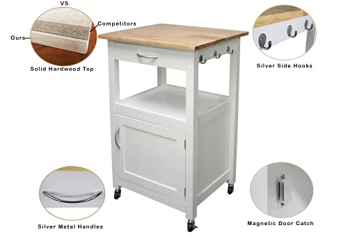 eHemco Kitchen Island Cart on Wheels with Drawer, Storage Cabinet, Shelf and Natural Solid Hardwood Top, White Base