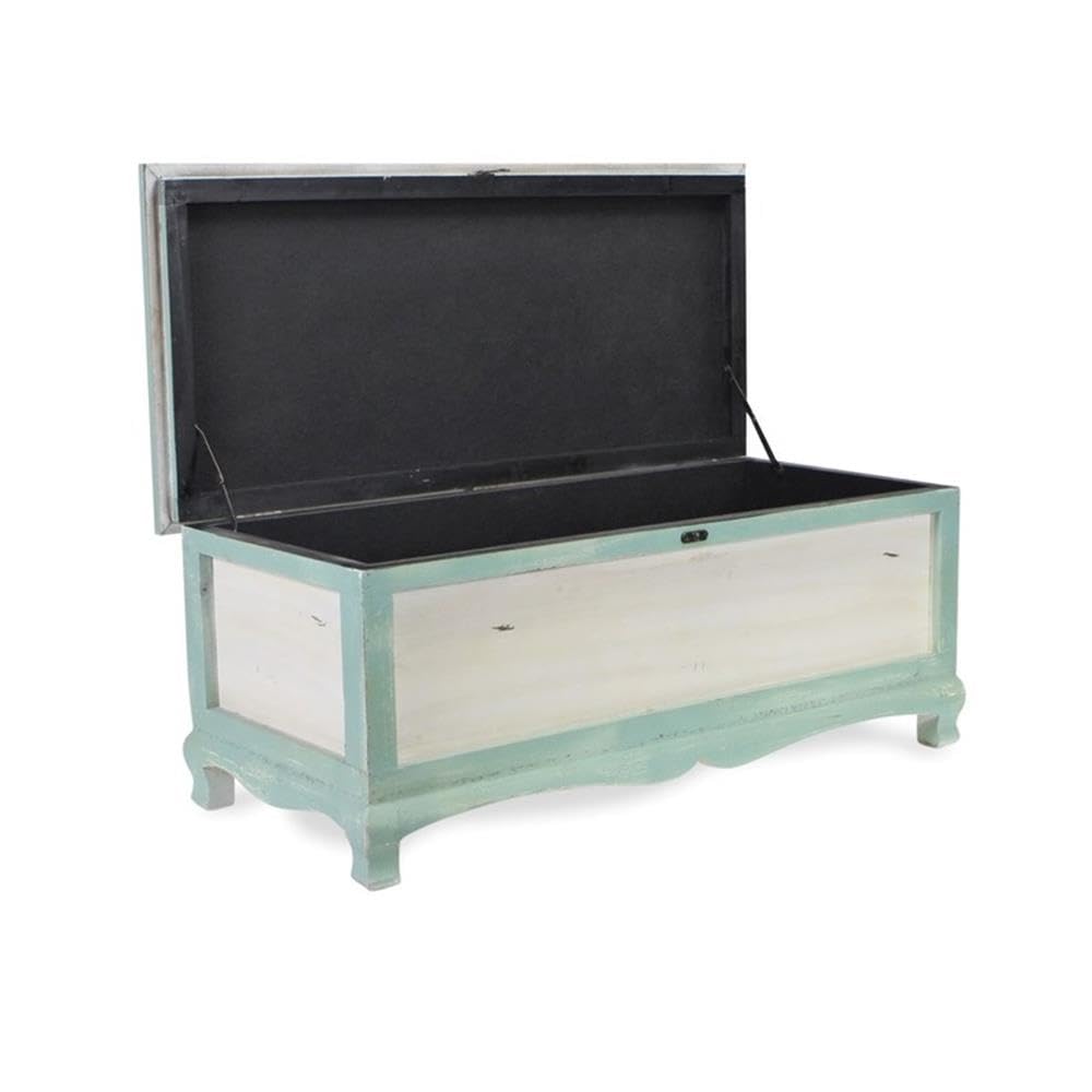 Pemberly Row Shabby-Chic Wood Bench Chest, Seafoam Green & Off White Finish, Cushioned Seat with Hinged Lift-Up Storage, Handcrafted Bedroom or Entryway Seating Organizer, Fully Assembled