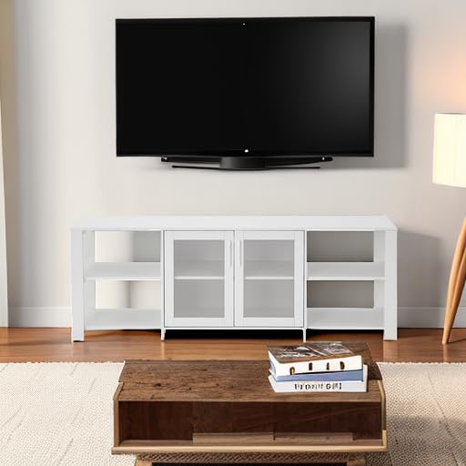 Panana TV Stand Television Stands Cabinet with 2 Doors 4 Open Cubby Storage Cabinets for Living Room Bedroom for TVs up to 70 Inches (White, 62.99 inch)