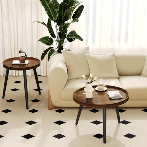2 PCS Small Round Coffee Table Set, Mid Century Modern Coffee Tables for Living Room, Walnut Nesting Tables for Small Spaces, Easy Assembly Circle Wood Center Table,Black Nesting Coffee Table Set of 2