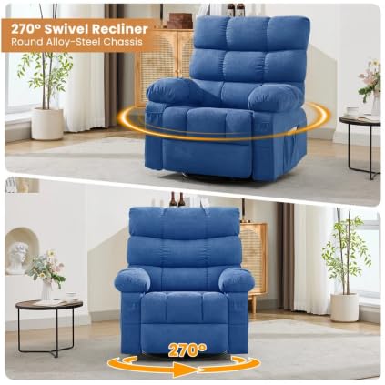 Swivel Rocker Recliner Chair for Adults, 360° Upholstered Manual Recliners for Small Spaces, Single Seat Glider Reclining Chair with Side Pockets, Ergonomic Reading Chair for Living Room, RV, Bedroom