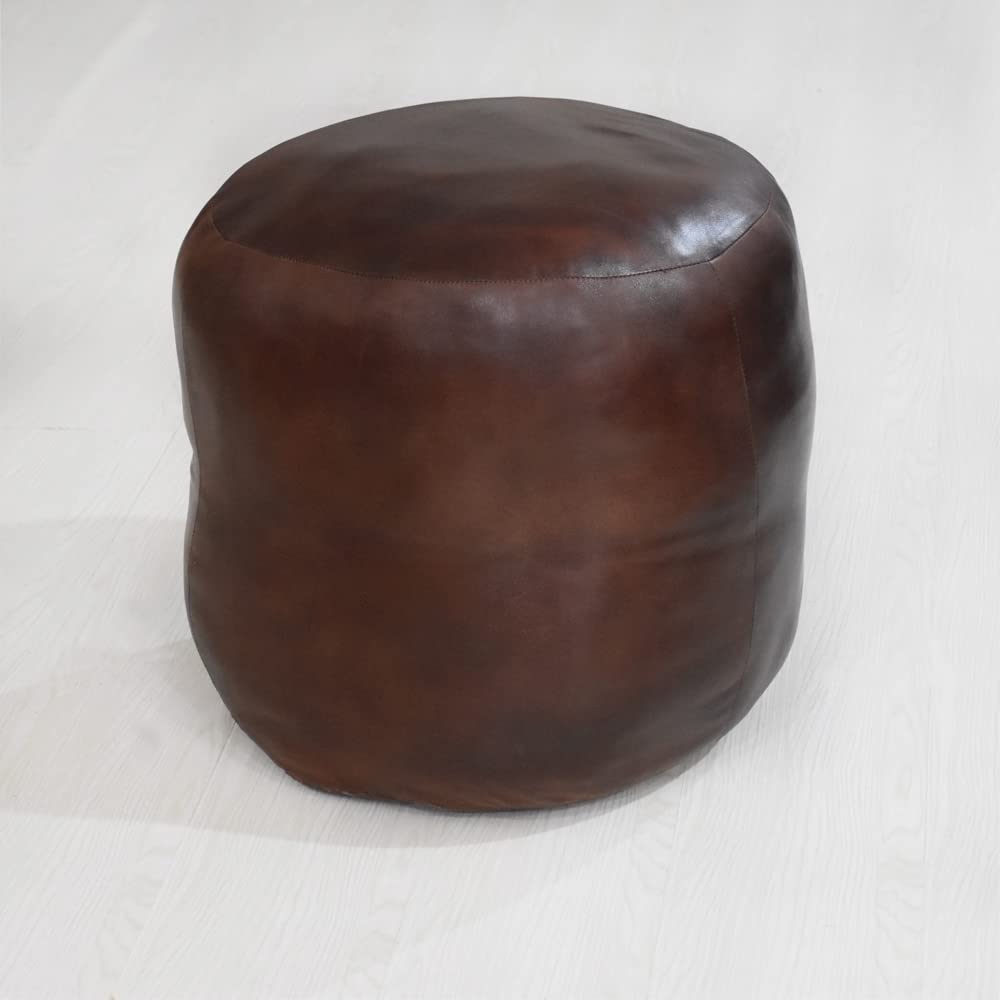 Round Brown Leather Pouf