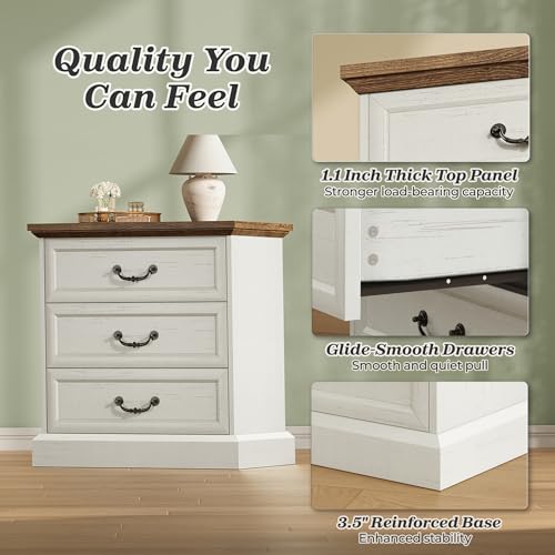 Farmhouse Nightstand with Charging Station & 3 Drawers