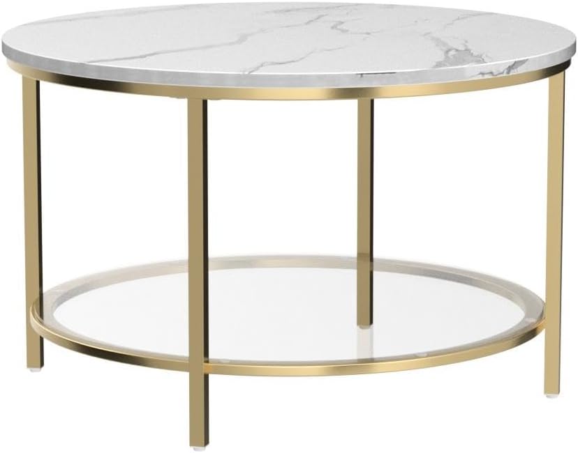Round Marble Coffee Table with Glass Shelf