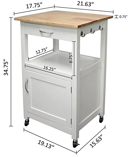 eHemco Kitchen Island Cart on Wheels with Drawer, Storage Cabinet, Shelf and Natural Solid Hardwood Top, White Base