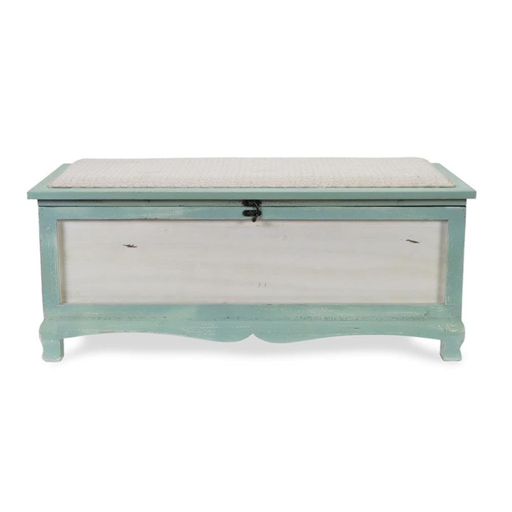 Pemberly Row Shabby-Chic Wood Bench Chest, Seafoam Green & Off White Finish, Cushioned Seat with Hinged Lift-Up Storage, Handcrafted Bedroom or Entryway Seating Organizer, Fully Assembled