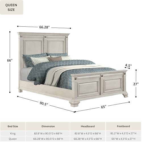 Roundhill Furniture Renova Distressed Parchment Wood Bedroom Set, Queen Panel Bed, Dresser, Mirror, Nightstand, Chest
