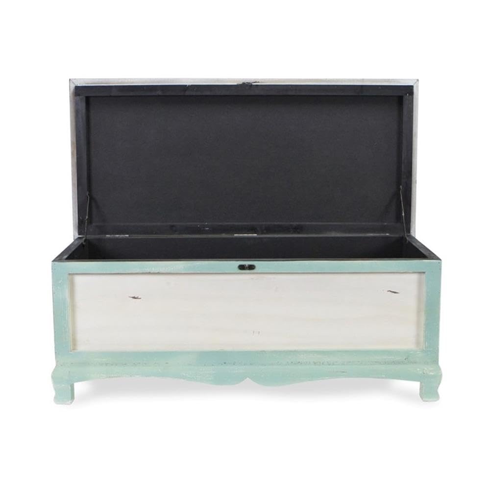 Pemberly Row Shabby-Chic Wood Bench Chest, Seafoam Green & Off White Finish, Cushioned Seat with Hinged Lift-Up Storage, Handcrafted Bedroom or Entryway Seating Organizer, Fully Assembled