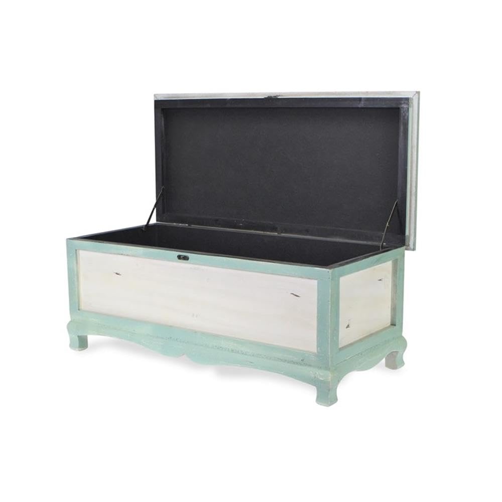 Pemberly Row Shabby-Chic Wood Bench Chest, Seafoam Green & Off White Finish, Cushioned Seat with Hinged Lift-Up Storage, Handcrafted Bedroom or Entryway Seating Organizer, Fully Assembled