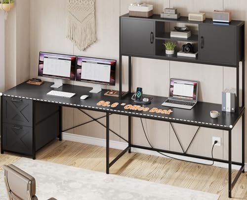 L-Shaped Corner Desk with Drawers, LED Lights & Power Outlet