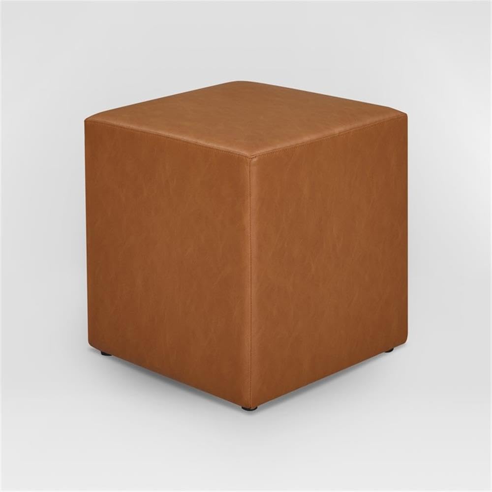 Studio Living Warren 18" Cube Ottoman, Urban Transitional, Fully Assembled, Vegan Leather Fabric, Carmel