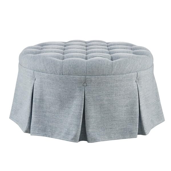 Martha Stewart Cocktail Ottoman for Living Room Fully Upholstered, Button Tufted Round Ottoman Footrest, Pleated Skirt, Extra Seating Bedroom Ottoman Furniture Decor, Terry, 32" W, Light Blue
