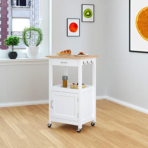 eHemco Kitchen Island Cart on Wheels with Drawer, Storage Cabinet, Shelf and Natural Solid Hardwood Top, White Base