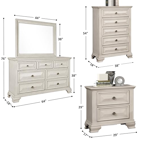 Roundhill Furniture Renova Distressed Parchment Wood Bedroom Set, Queen Panel Bed, Dresser, Mirror, Nightstand, Chest