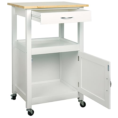 eHemco Kitchen Island Cart on Wheels with Drawer, Storage Cabinet, Shelf and Natural Solid Hardwood Top, White Base