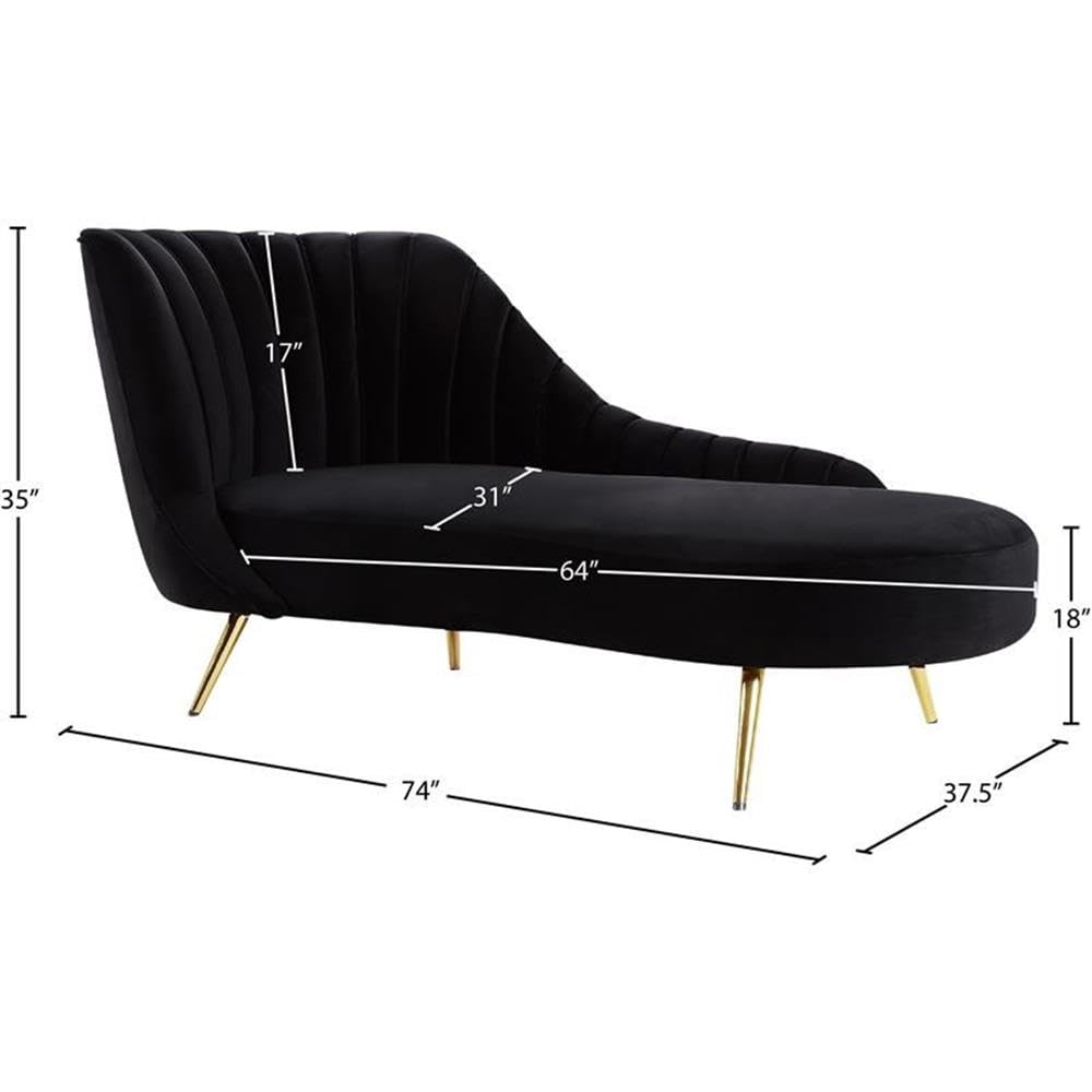 Meridian Furniture Margo Collection Modern | Contemporary Velvet Upholstered Chaise with Deep Channel Tufting and Rich Gold Stainless Steel Legs, Black, 74" W x 37.5" D x 35" H