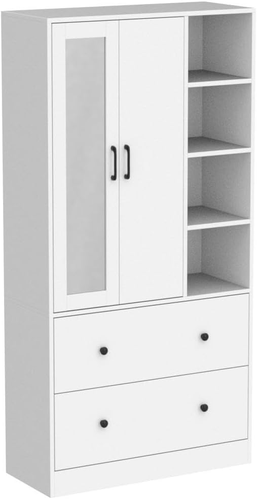 Homsee Wardrobe Armoire Wooden Closet with Mirror, 2 Doors, 2 Drawers, 4 Open Storage Cubes and Hanging Rod for Bedroom, White (35.5”L x 15.8”W x 70.8”H)