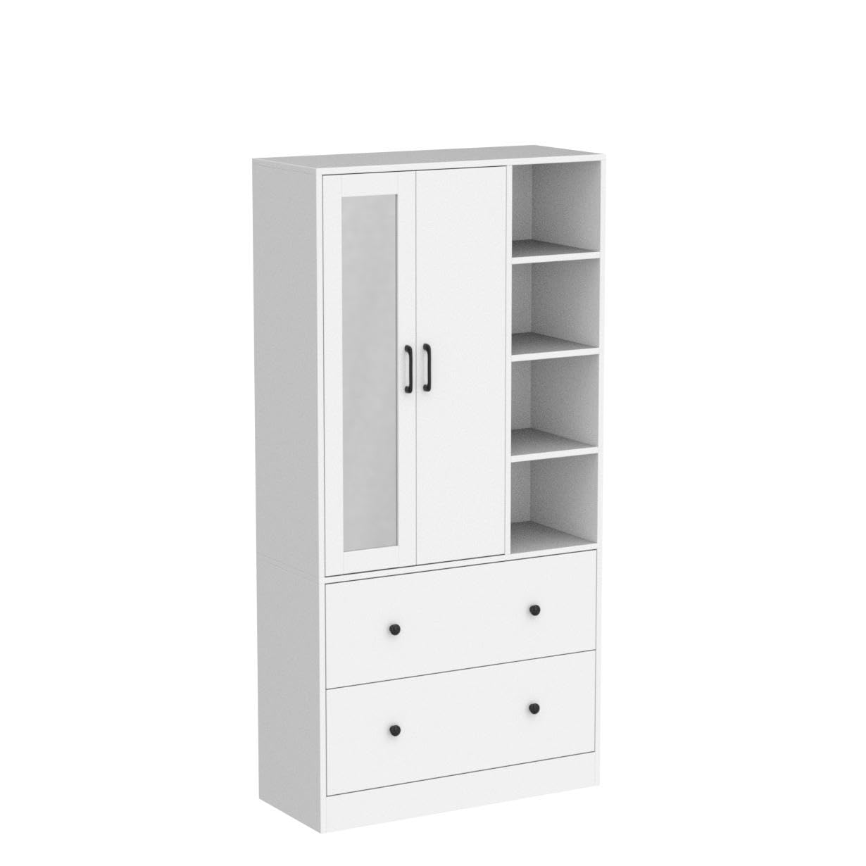 Homsee Wardrobe Armoire Wooden Closet with Mirror, 2 Doors, 2 Drawers, 4 Open Storage Cubes and Hanging Rod for Bedroom, White (35.5”L x 15.8”W x 70.8”H)