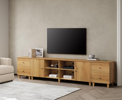 WAMPAT 3-in-1 TV Stand w/Doors&Charging Station, 105" Modern Wood Entertainment Center Media Console for 110+ inch TVs, TV Cabinet w/Shelves&4 Drawers for Living Room, Bedroom, Oak Brown
