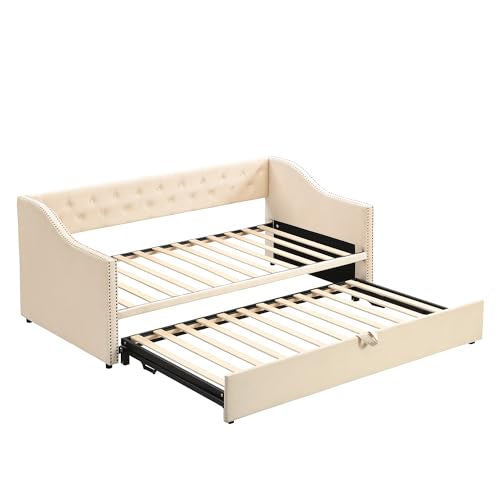 Merax Twin Size Upholstered Velvet Daybed with Pop Up Trundle, Multi-Functional Sofa Bed with Backrest and Two Armrest for Kids Room, Guest Room, Living Room,Beige