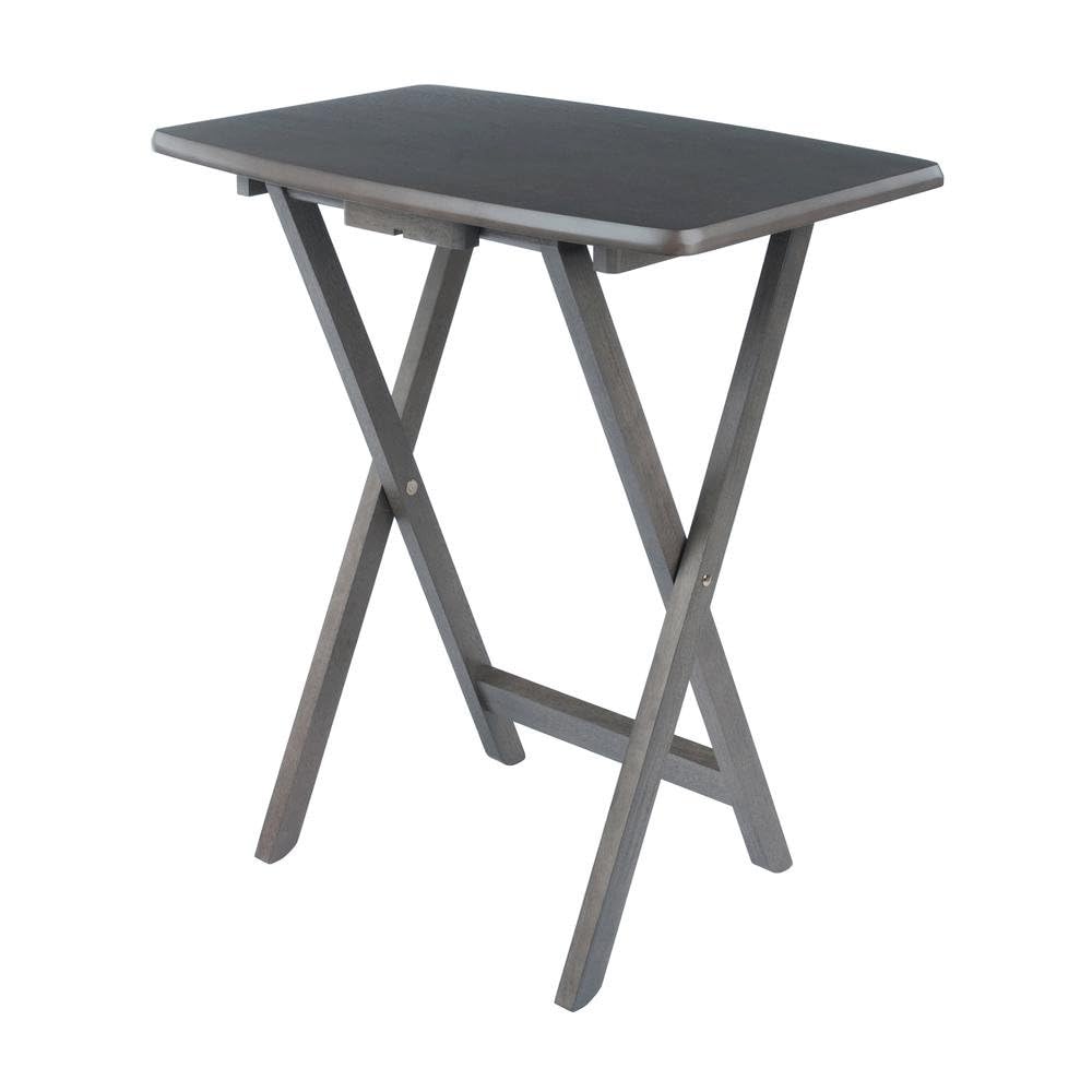 Furnifact 5-PC TV Tray Table Set with Storage Rack, Oversized Gray Tops, Solid Wood Frame, Portable Small Folding Table for Living Room