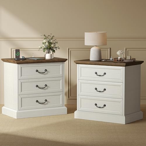 Farmhouse Nightstand with Charging Station & 3 Drawers