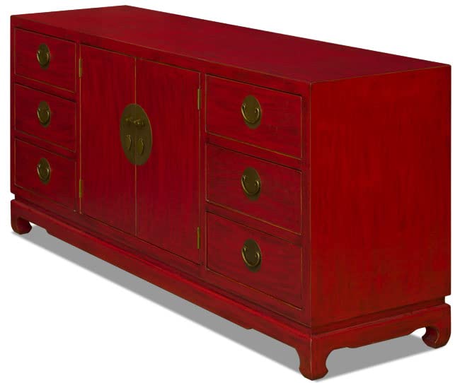 ChinaFurnitureOnline Elmwood Chinese Sideboard, 72 Inch Ming Design in Distressed Red Finish