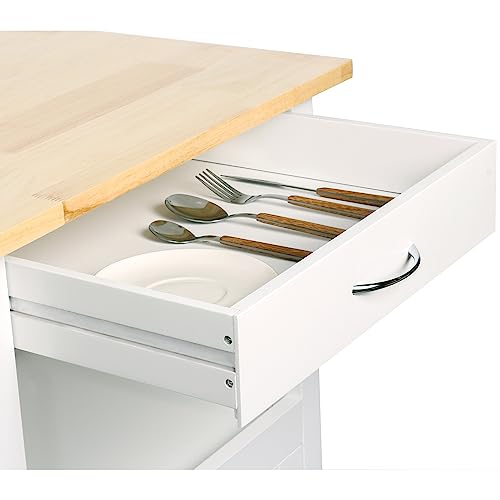 eHemco Kitchen Island Cart on Wheels with Drawer, Storage Cabinet, Shelf and Natural Solid Hardwood Top, White Base