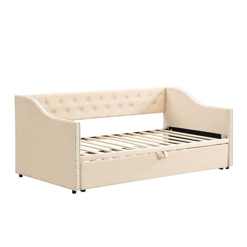 Merax Twin Size Upholstered Velvet Daybed with Pop Up Trundle, Multi-Functional Sofa Bed with Backrest and Two Armrest for Kids Room, Guest Room, Living Room,Beige