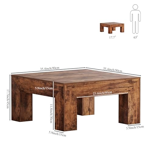 Square Coffee Table with Thick Base – Rustic Brown