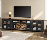 WAMPAT TV Stand Set for 100 inch TV,Door Storage Cabinet with Mesh for Living Room,Farmhouse Storage Units with Open and Adjustable Shelf,Antique White, Dark Walnut and Black