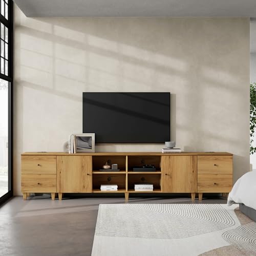 WAMPAT 3-in-1 TV Stand w/Doors&Charging Station, 105" Modern Wood Entertainment Center Media Console for 110+ inch TVs, TV Cabinet w/Shelves&4 Drawers for Living Room, Bedroom, Oak Brown