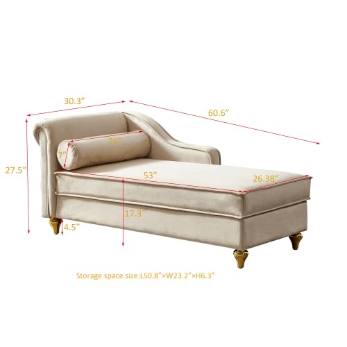 MYEYPEL 60.6''Velvet Chaise Lounge Indoor, Modern Velvet Lounge Chair with Left Armrest & Lumbar Pillow,Button Tufted Lounge Sofa with Storage for Bedroom, Living Room and Office，Beige