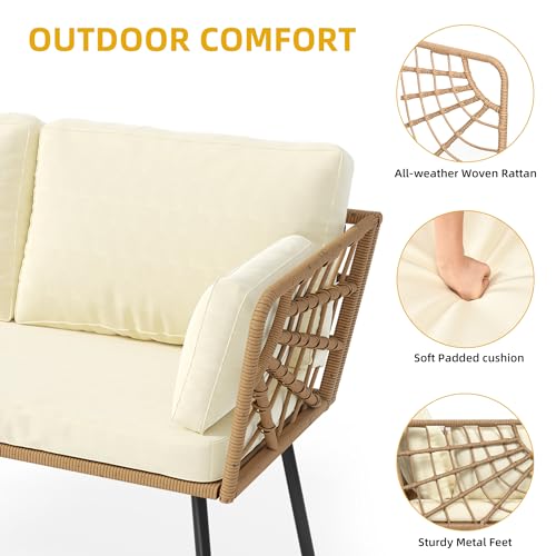 Wicker Rattan Patio Loveseat Set with Cushions & Side Table