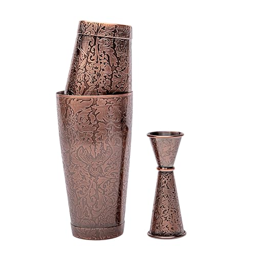 Sky Fish 3D Etched 18-Piece Bartender Kit Stainless Steel Boston Cocktail Shaker Set Copper Plated Bartending Tools Suit for Bar Tools Set Mixology Enthusiasts, Professional Bartenders and Home Drink