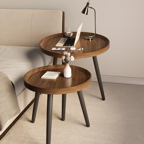 2 PCS Small Round Coffee Table Set, Mid Century Modern Coffee Tables for Living Room, Walnut Nesting Tables for Small Spaces, Easy Assembly Circle Wood Center Table,Black Nesting Coffee Table Set of 2