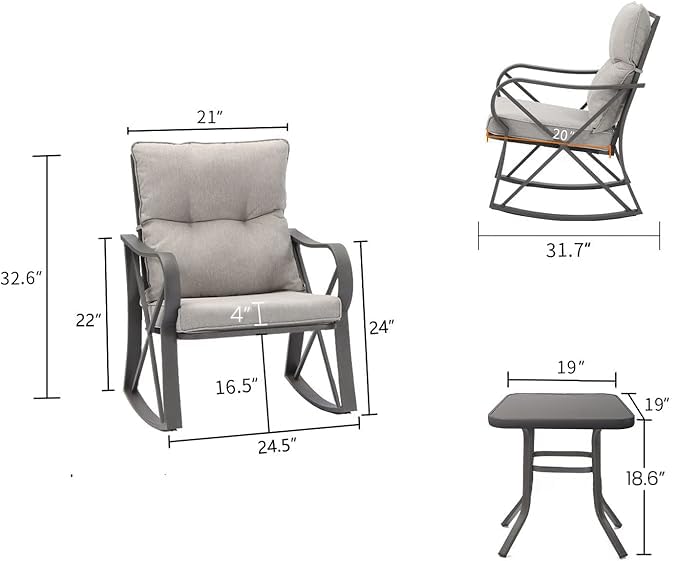 3-Piece Outdoor Rocking Bistro Set with Cushions & Glass-Top Table