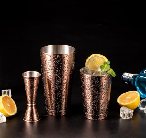 Sky Fish 3D Etched 18-Piece Bartender Kit Stainless Steel Boston Cocktail Shaker Set Copper Plated Bartending Tools Suit for Bar Tools Set Mixology Enthusiasts, Professional Bartenders and Home Drink