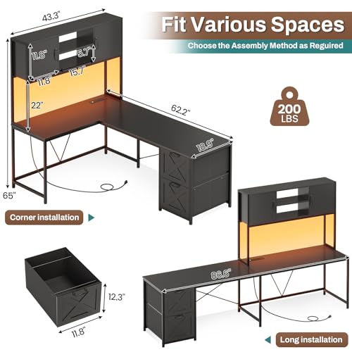 L-Shaped Corner Desk with Drawers, LED Lights & Power Outlet