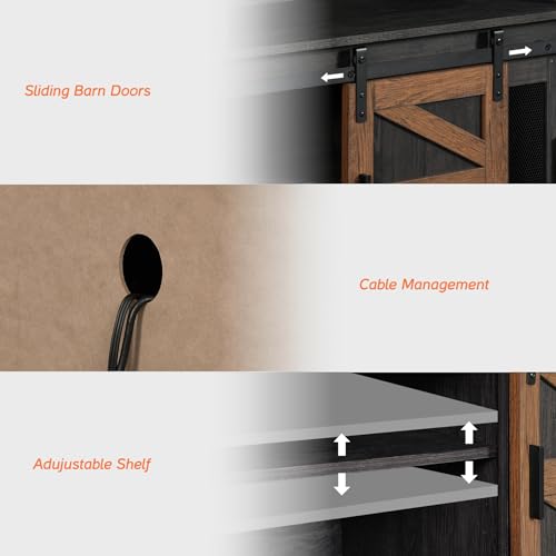 WAMPAT TV Stand Set for 100 inch TV,Door Storage Cabinet with Mesh for Living Room,Farmhouse Storage Units with Open and Adjustable Shelf,Antique White, Dark Walnut and Black