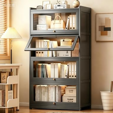 Bamboo Bookcase with Flip-Up Acrylic Doors, 4-Tier Freestanding Display Shelf