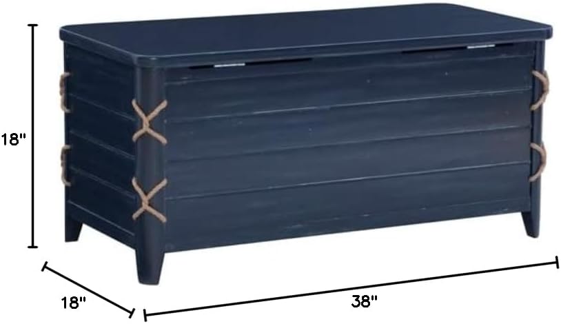 BOWERY HILL Modern Wood Rope Storage Chest, 38" L x 18" D x 18" H, Cedar Lined, Blue Finish, Paneled Design with Rope Trim, Versatile for Blanket Storage, Seating, or Coffee Table Use