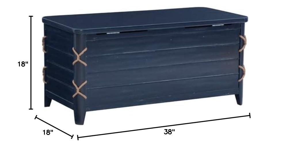 BOWERY HILL Modern Wood Rope Storage Chest, 38" L x 18" D x 18" H, Cedar Lined, Blue Finish, Paneled Design with Rope Trim, Versatile for Blanket Storage, Seating, or Coffee Table Use