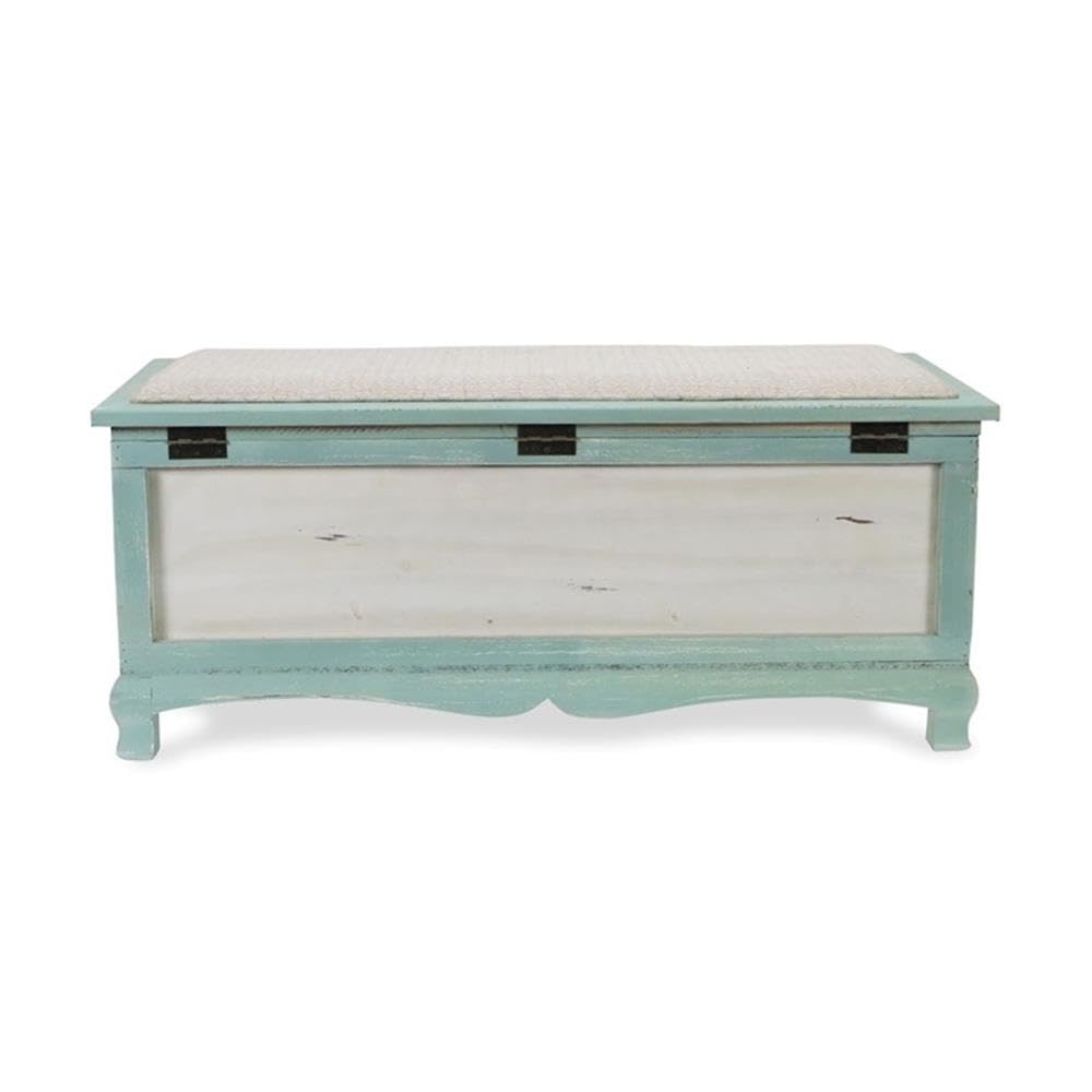 Pemberly Row Shabby-Chic Wood Bench Chest, Seafoam Green & Off White Finish, Cushioned Seat with Hinged Lift-Up Storage, Handcrafted Bedroom or Entryway Seating Organizer, Fully Assembled