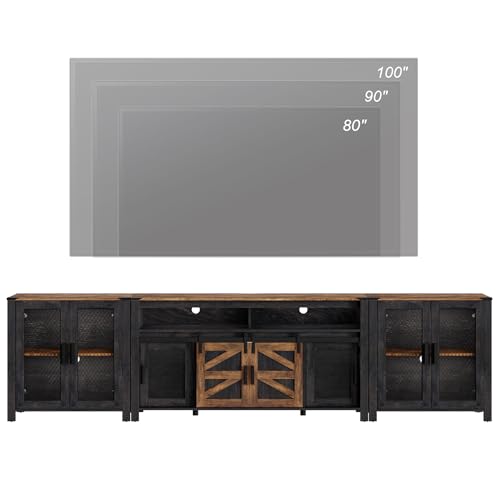 WAMPAT TV Stand Set for 100 inch TV,Door Storage Cabinet with Mesh for Living Room,Farmhouse Storage Units with Open and Adjustable Shelf,Antique White, Dark Walnut and Black