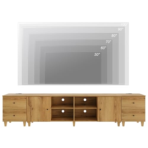 WAMPAT 3-in-1 TV Stand w/Doors&Charging Station, 105" Modern Wood Entertainment Center Media Console for 110+ inch TVs, TV Cabinet w/Shelves&4 Drawers for Living Room, Bedroom, Oak Brown