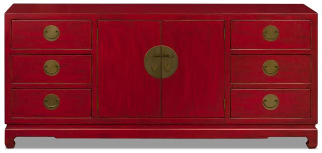 ChinaFurnitureOnline Elmwood Chinese Sideboard, 72 Inch Ming Design in Distressed Red Finish