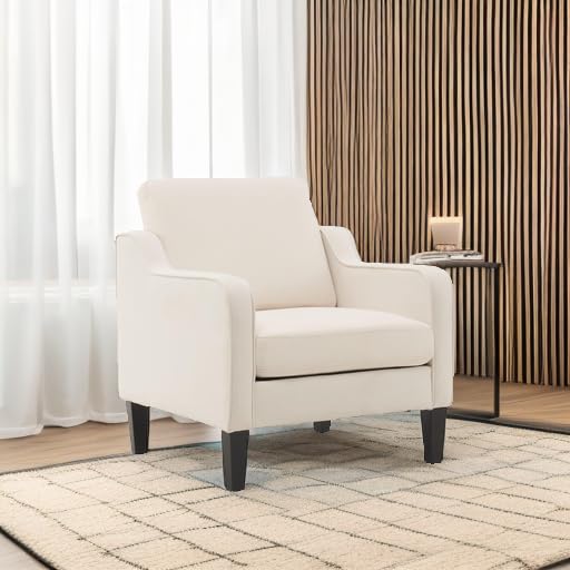 VINGLI Mid Century Modern Accent Chair, Beige Fabric Accent Chairs for Living Room Upholstered Armchair Sofa with Scooped Arms for Bedroom, Apartment, Studio, Office, Waiting Room